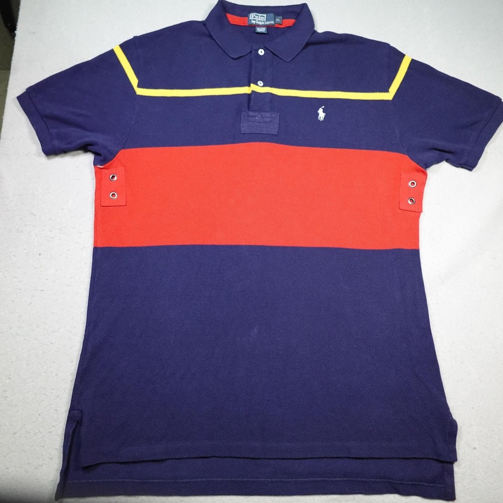Polo Ralph Lauren Polo Shirt Mens XL Blue Red Yellow Colorblock Rugby Grommet